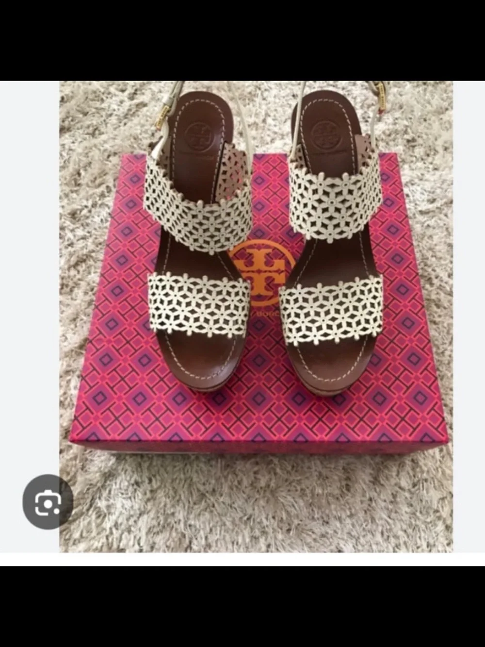 Tory Burch Women Cream Laser-Cut Cork Wedge Sandals. 11